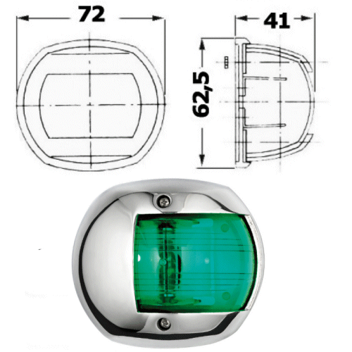 Compact 12. Green Starboard Navigation Light. Stainless.